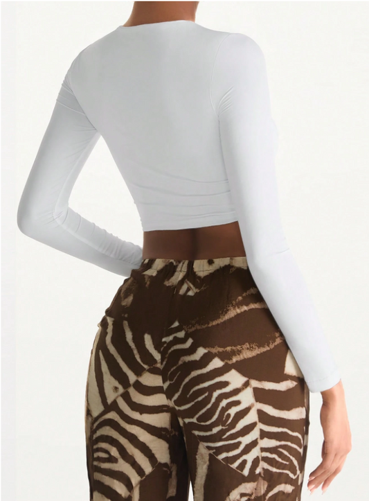 Camiseta ajustada de manga larga y cuello redondo, elástica de doble capa para mujer