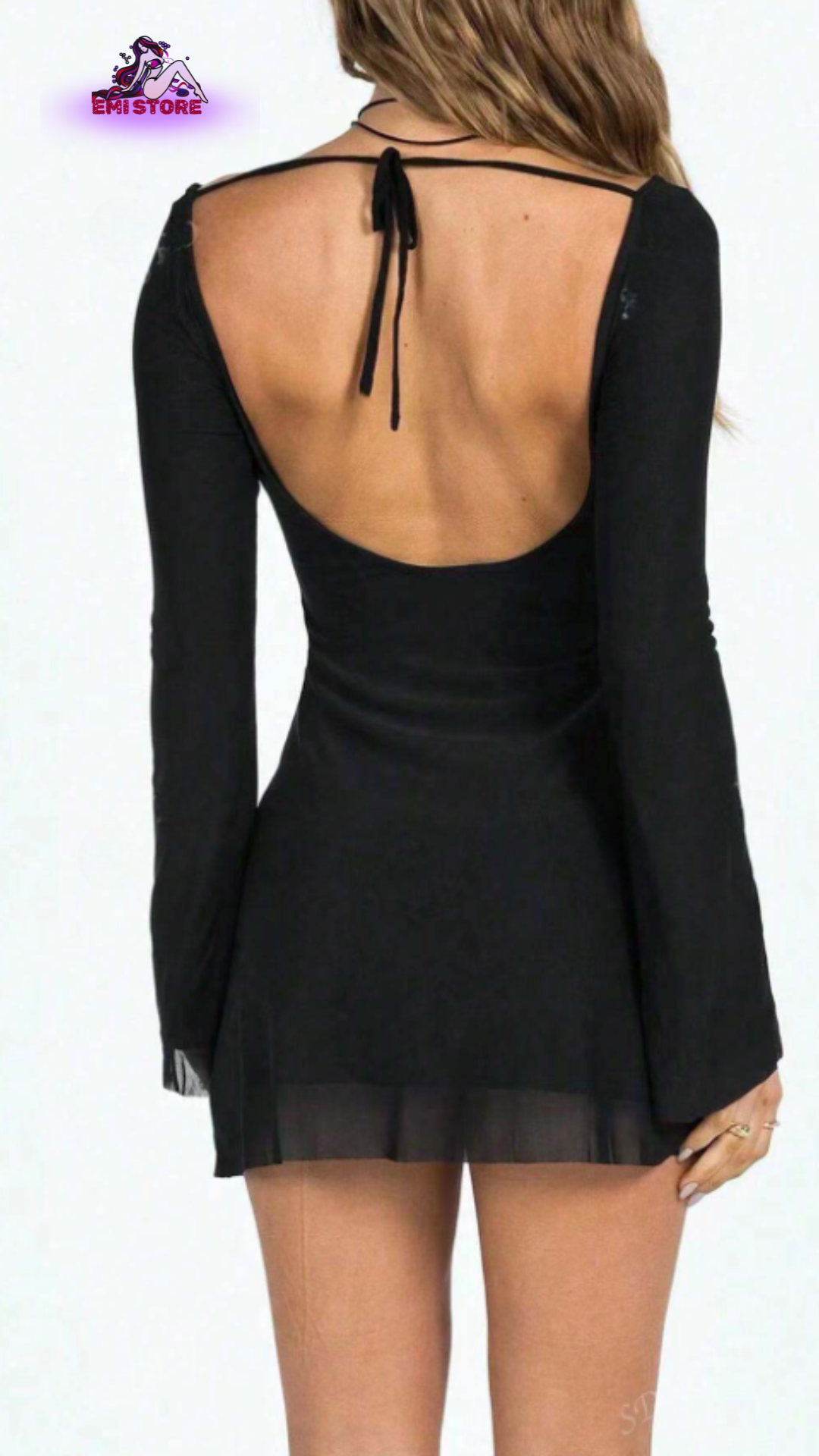 Vestido Casual Corto con Espalda Descubierta y Lazos, de manga larga