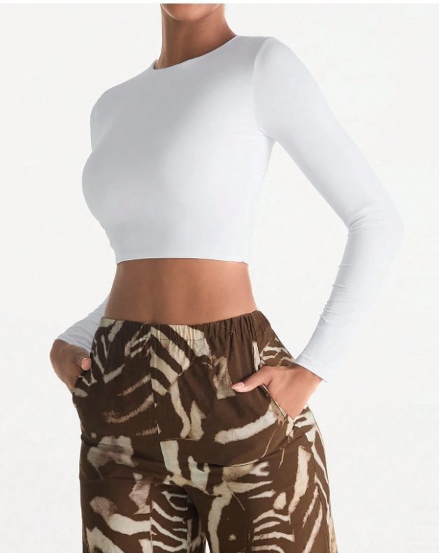 Camiseta ajustada de manga larga y cuello redondo, elástica de doble capa para mujer