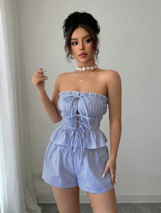 Set de 2 piezas de vacaciones de verano: Top corto con volantes en el bajo, sin tirantes y con lazo