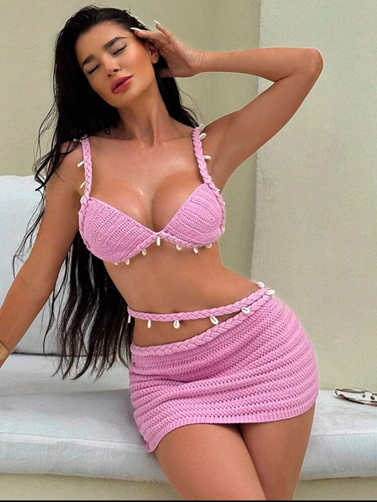 Set de 2 piezas de falda y top de ganchillo con adorno de conchas bordadas, color rosa,